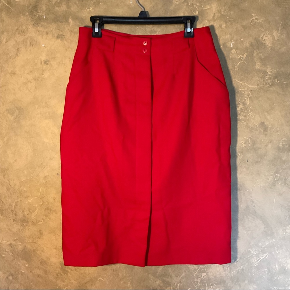 Vintage 90s Rouie Red Virgin Wool Button Down Pencil Midi Skirt